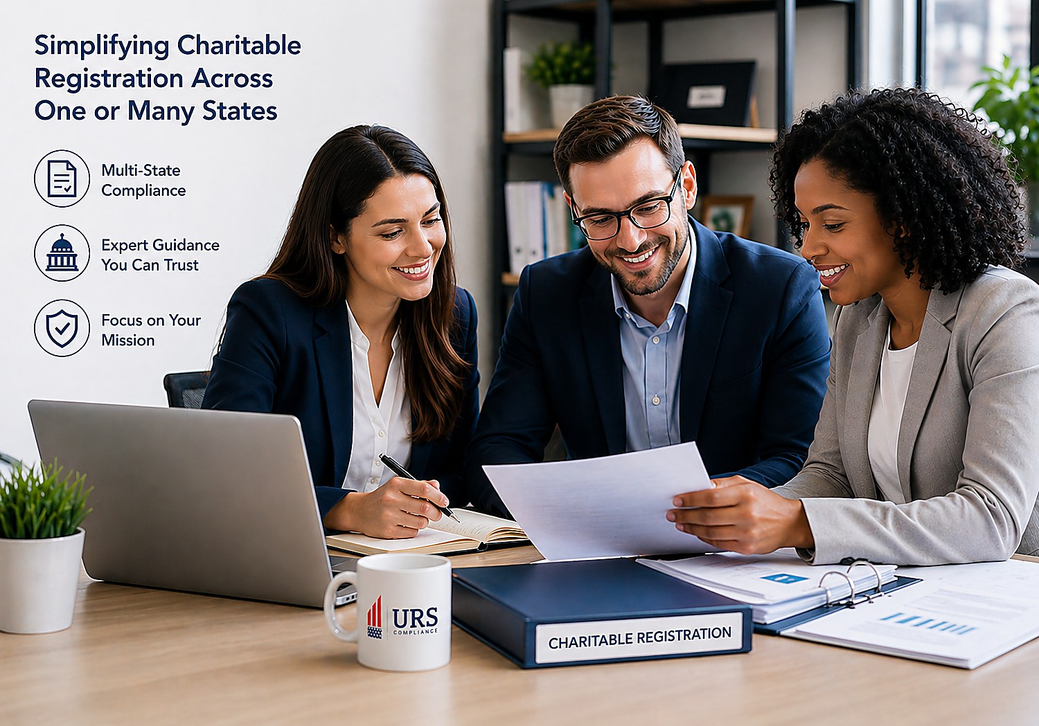 Professionals reviewing documents for charitable registration filing and multi-state compliance