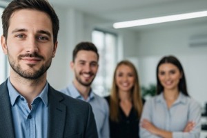 Professional business team smiling in office environment, symbolizing reliable registered agent support