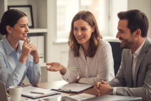 Professional business team smiling in office environment, symbolizing reliable registered agent support